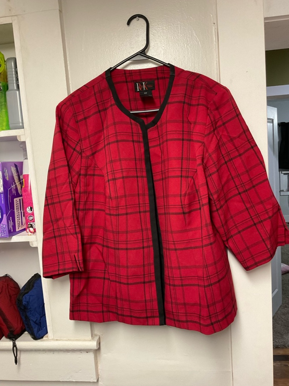R&K Red Plaid Open-Front Jacket with Black Trim